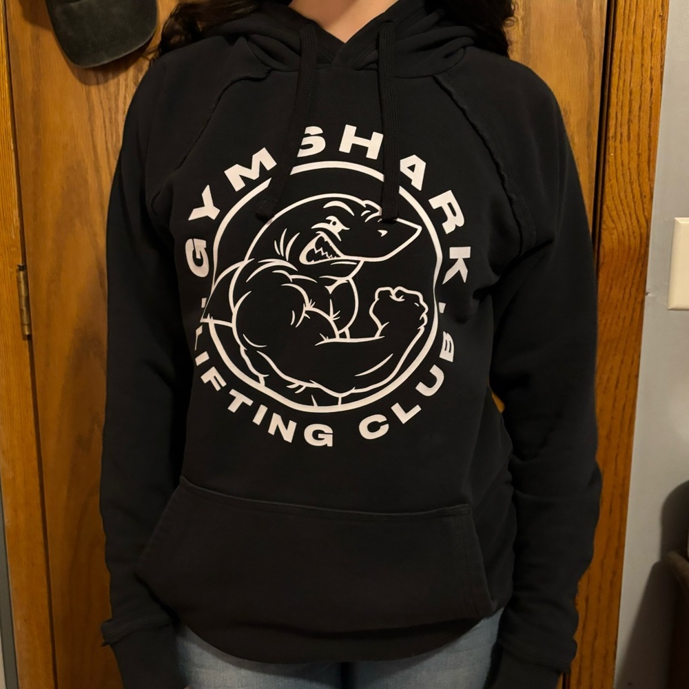 black and white gym shark logo hoodie